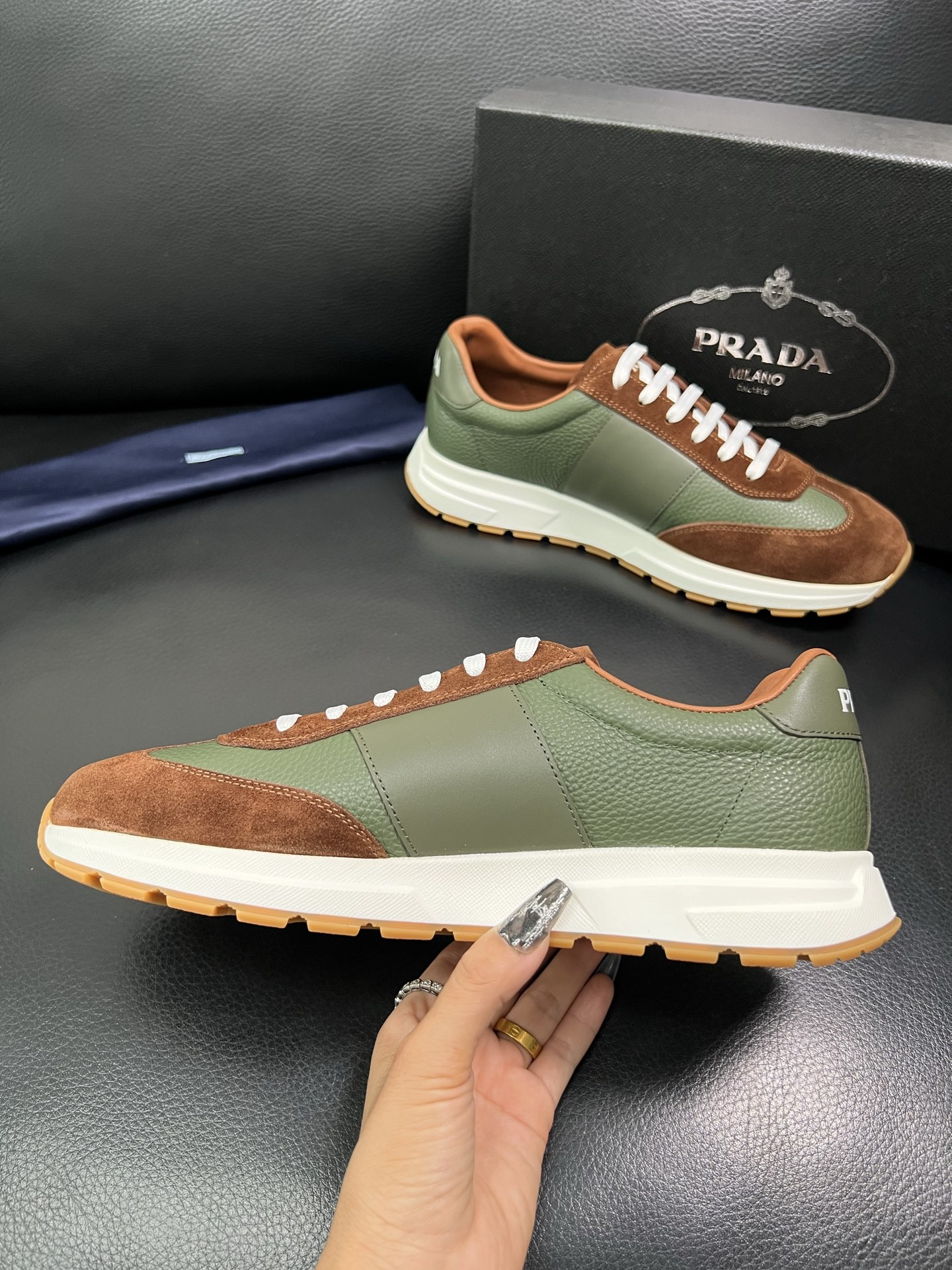 Prada Men's Leather Sneakers Brown/Green Lace-up Casual Shoes 6 i1758450861004 9126 0 4