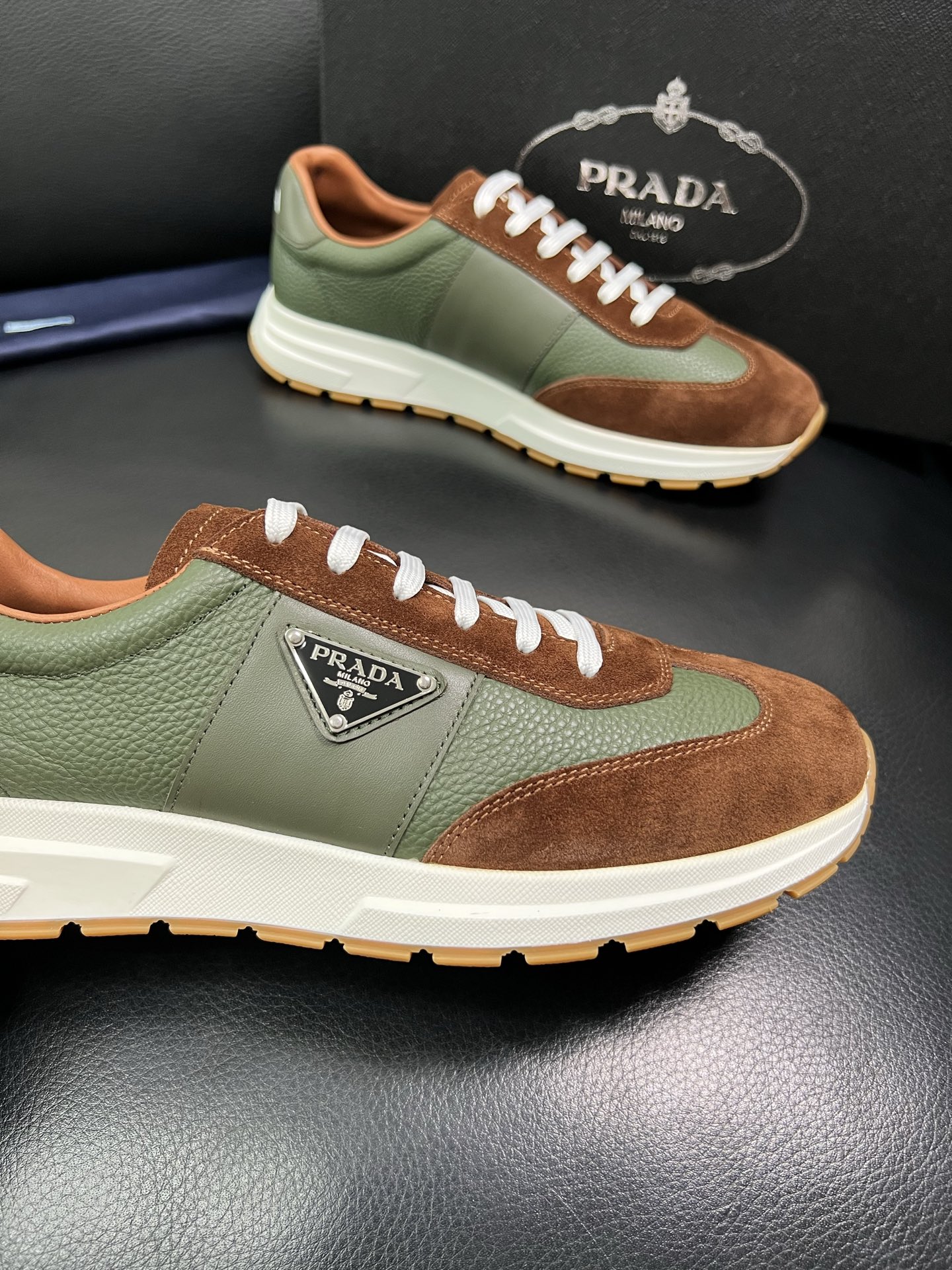 Prada Men's Leather Sneakers Brown/Green Lace-up Casual Shoes 7 i1758450861042 5221 0 5