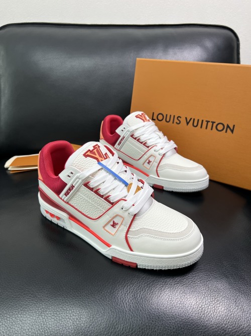 Louis Vuitton Men's White Leather Trainer Sneakers with Red Trim 1 Louis Vuitton Men's White Leather Trainer Sneakers with Red Trim