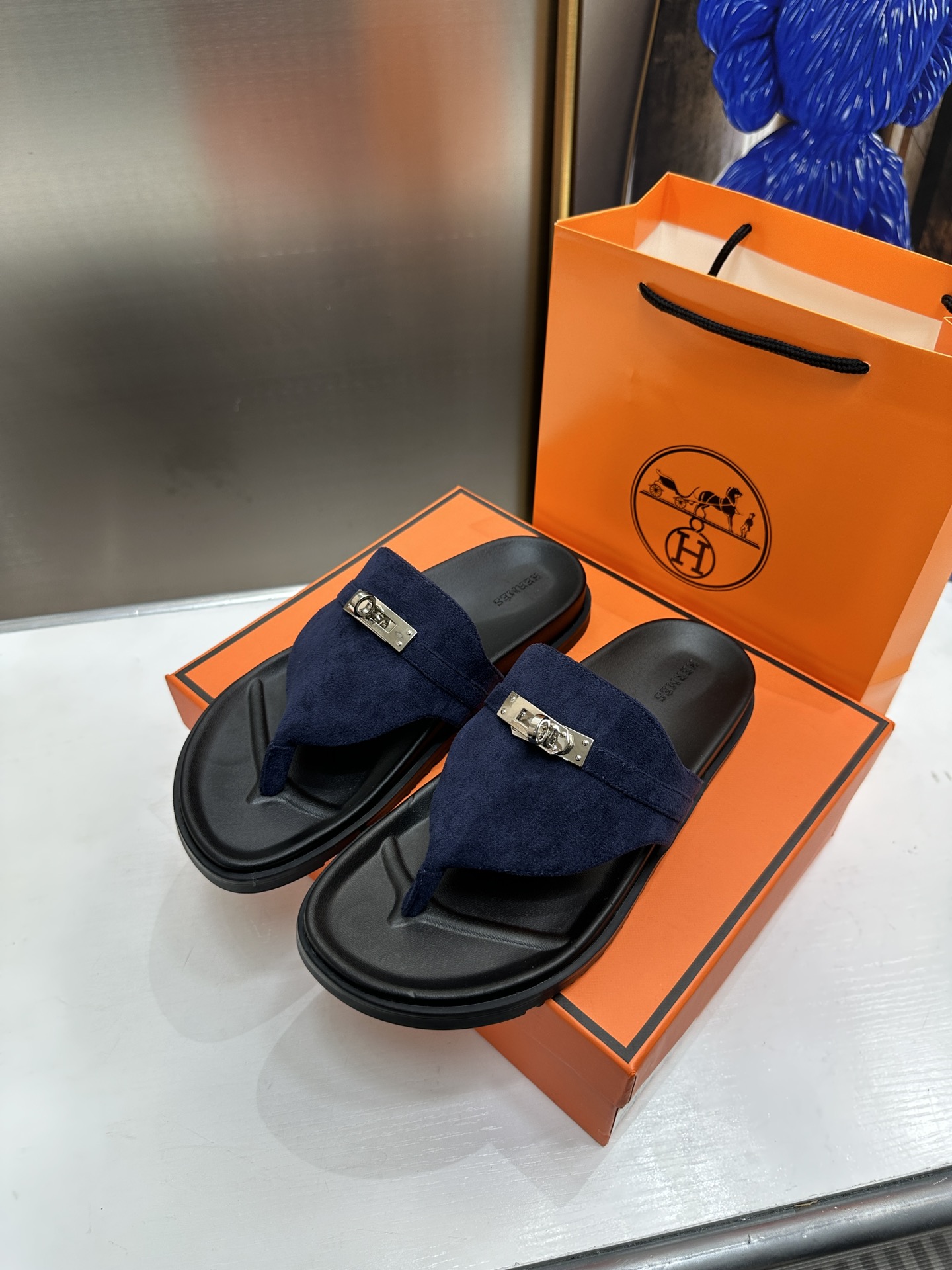 Hermes Kelly Shoes Flip Flops Slippers Orange Silver Hardware Chamois Casual