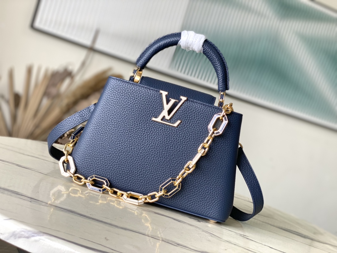 Louis Vuitton LV Capucines Taschen Handtaschen Blau Mit Diamanten besetzt Taurillon Rindsleder Ketten M25211