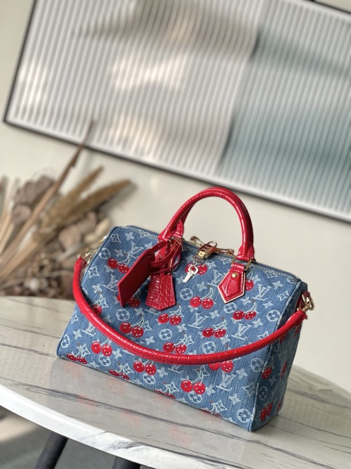 Louis Vuitton Speedy 18 Bandoulière Denim Cherry Print Satchel Bag 1 Louis Vuitton Speedy 18 Bandoulière Denim Cherry Print Satchel Bag