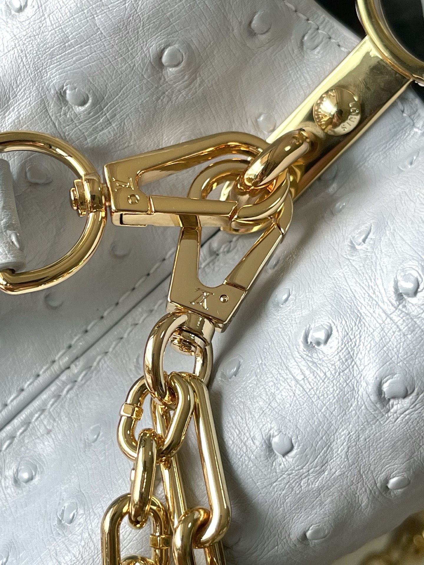 特级原厂皮 M48865 浅灰蓝鸵鸟小号 二合一链条 本款 Capucines 手袋取材柔韧 Tauri