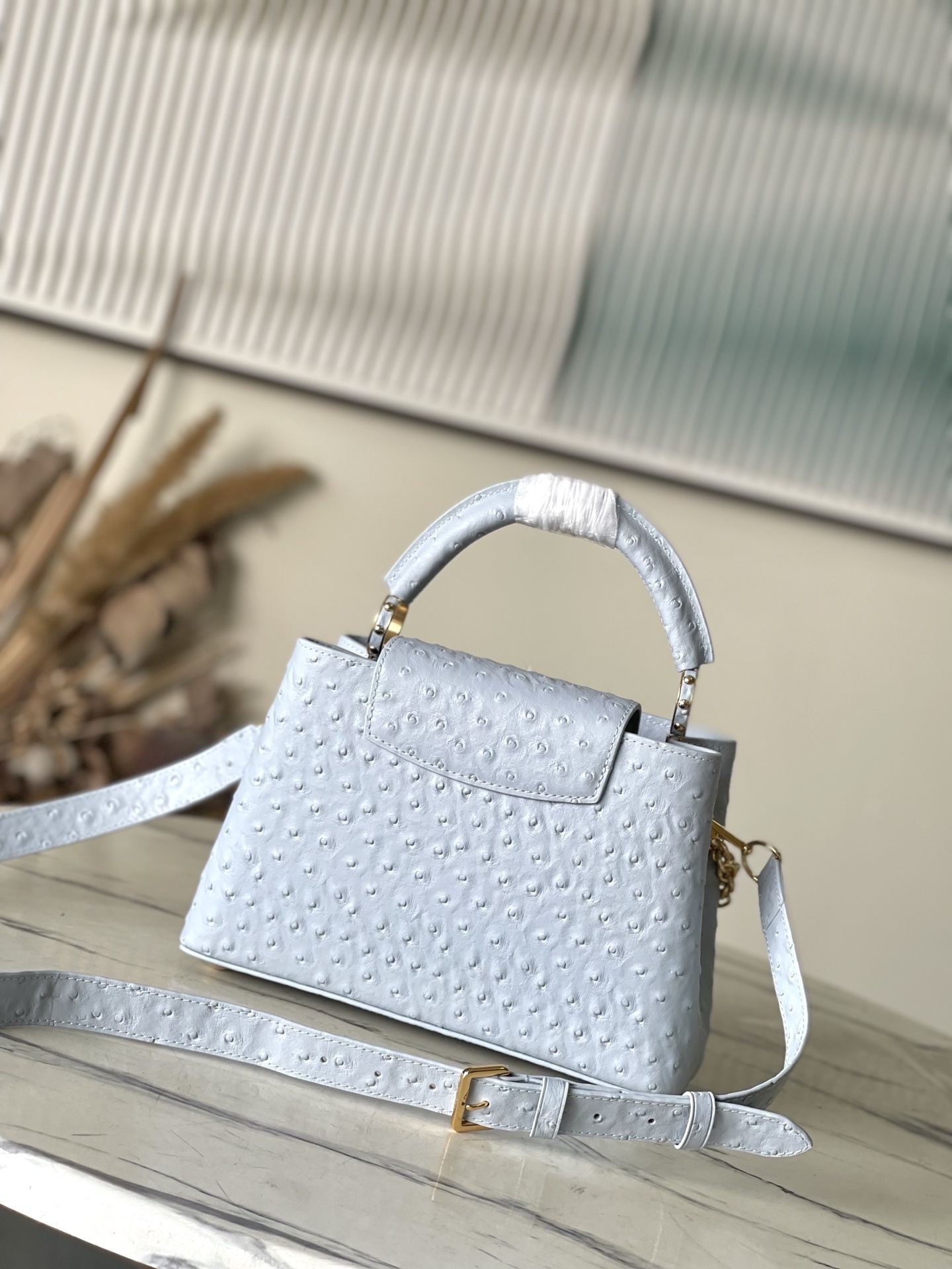 特级原厂皮 M48865 浅灰蓝鸵鸟小号 二合一链条 本款 Capucines 手袋取材柔韧 Tauri