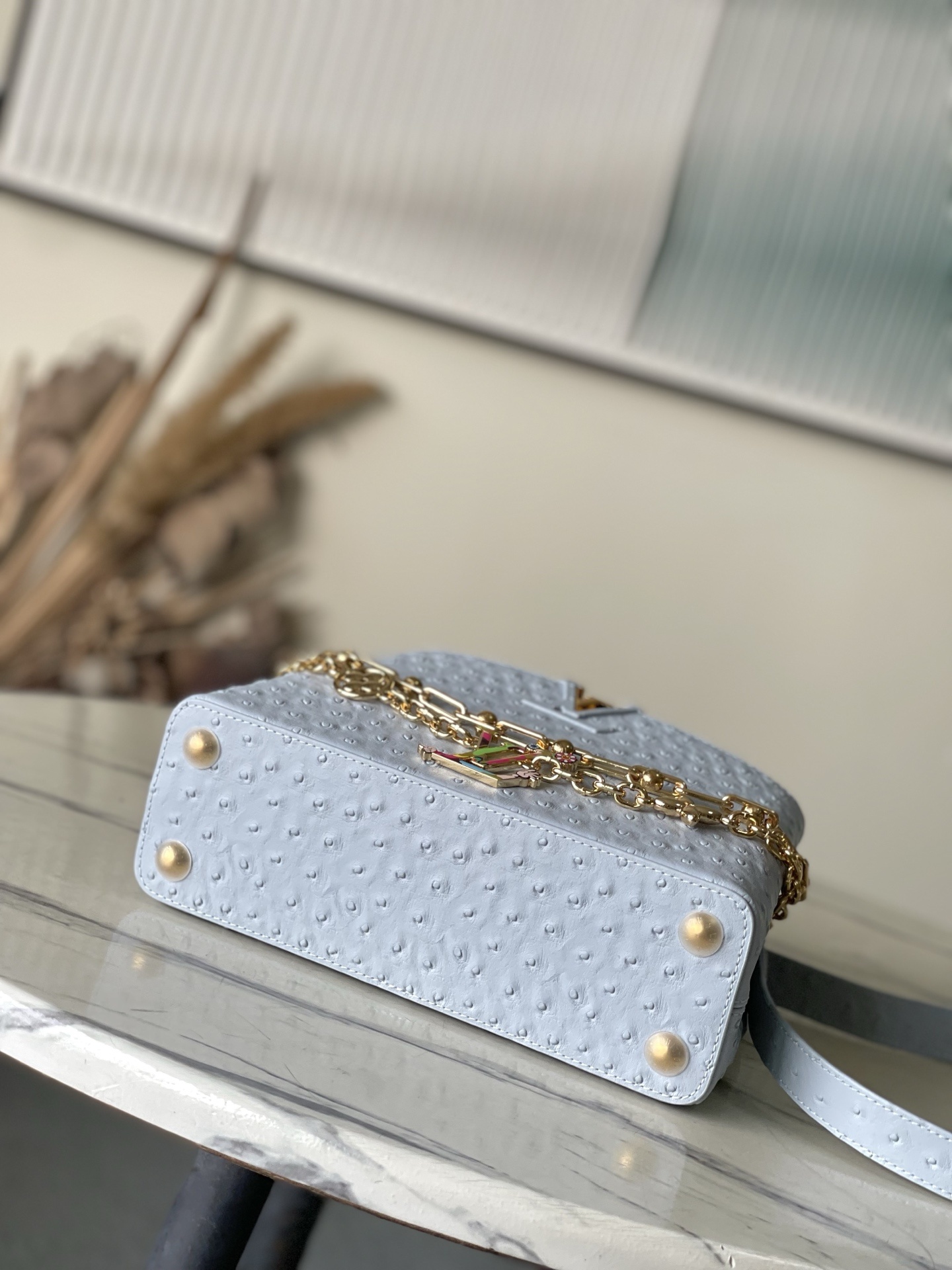 特级原厂皮 M48865 浅灰蓝鸵鸟小号 二合一链条 本款 Capucines 手袋取材柔韧 Tauri