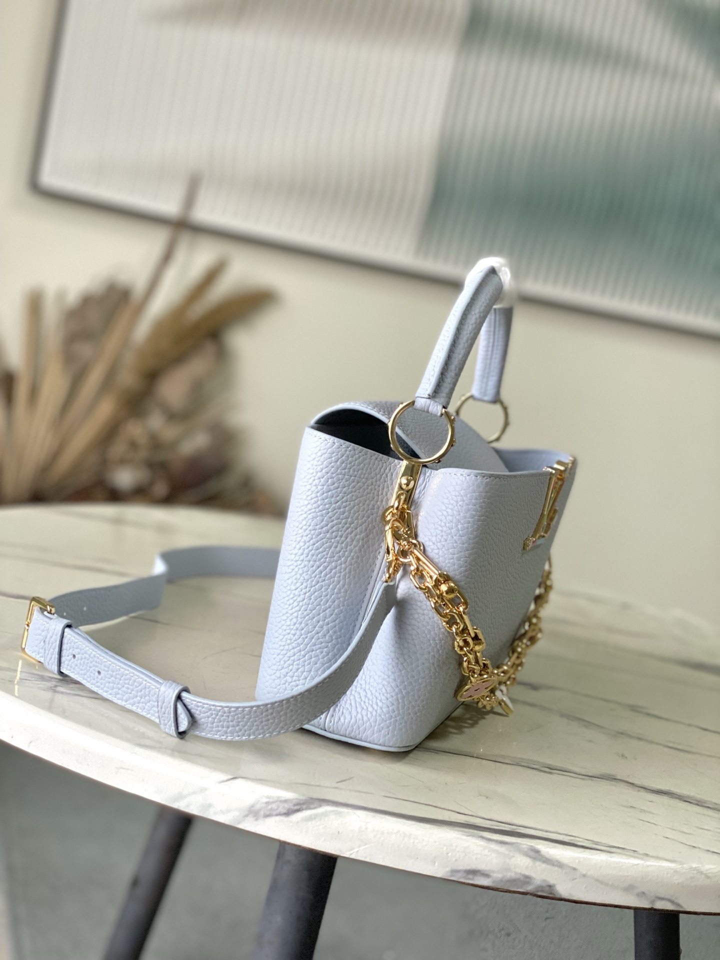 特级原厂皮 M13707 小号 浅灰蓝彩虹二合一链条款 本款Capucines East West手袋奏