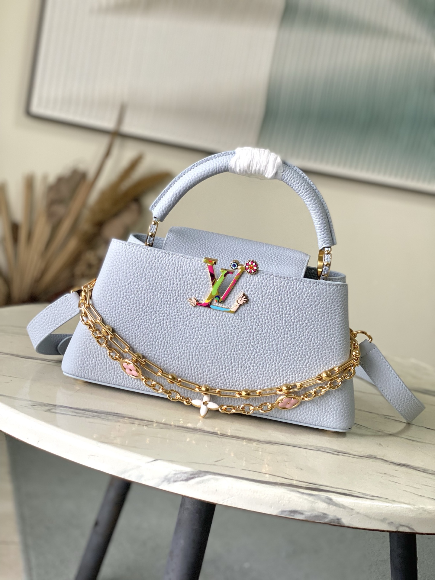 特级原厂皮 M13707 小号 浅灰蓝彩虹二合一链条款 本款Capucines East West手袋奏