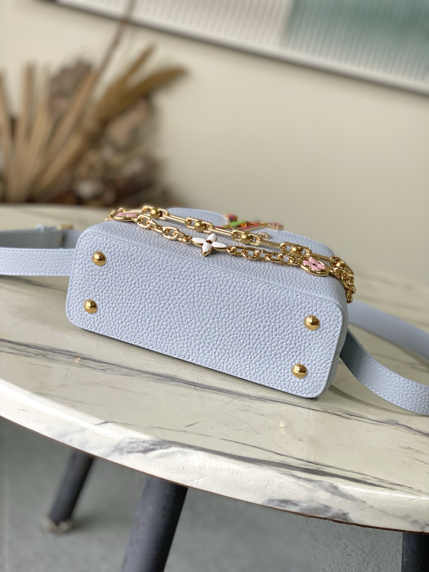 特级原厂皮 M13707 迷你 浅灰蓝彩虹二合一链条款 本款Capucines East West手袋奏