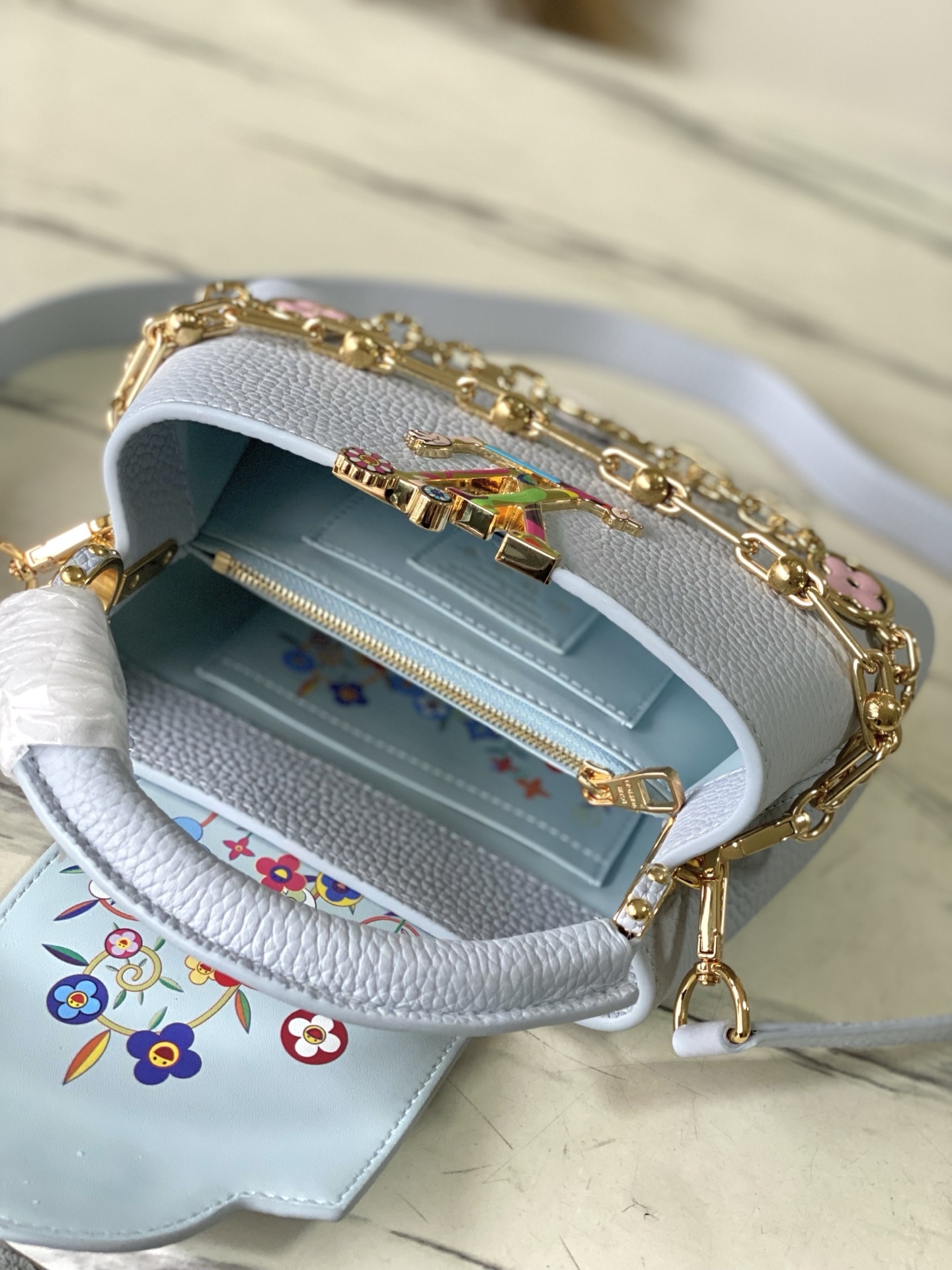 特级原厂皮 M13707 迷你 浅灰蓝彩虹二合一链条款 本款Capucines East West手袋奏