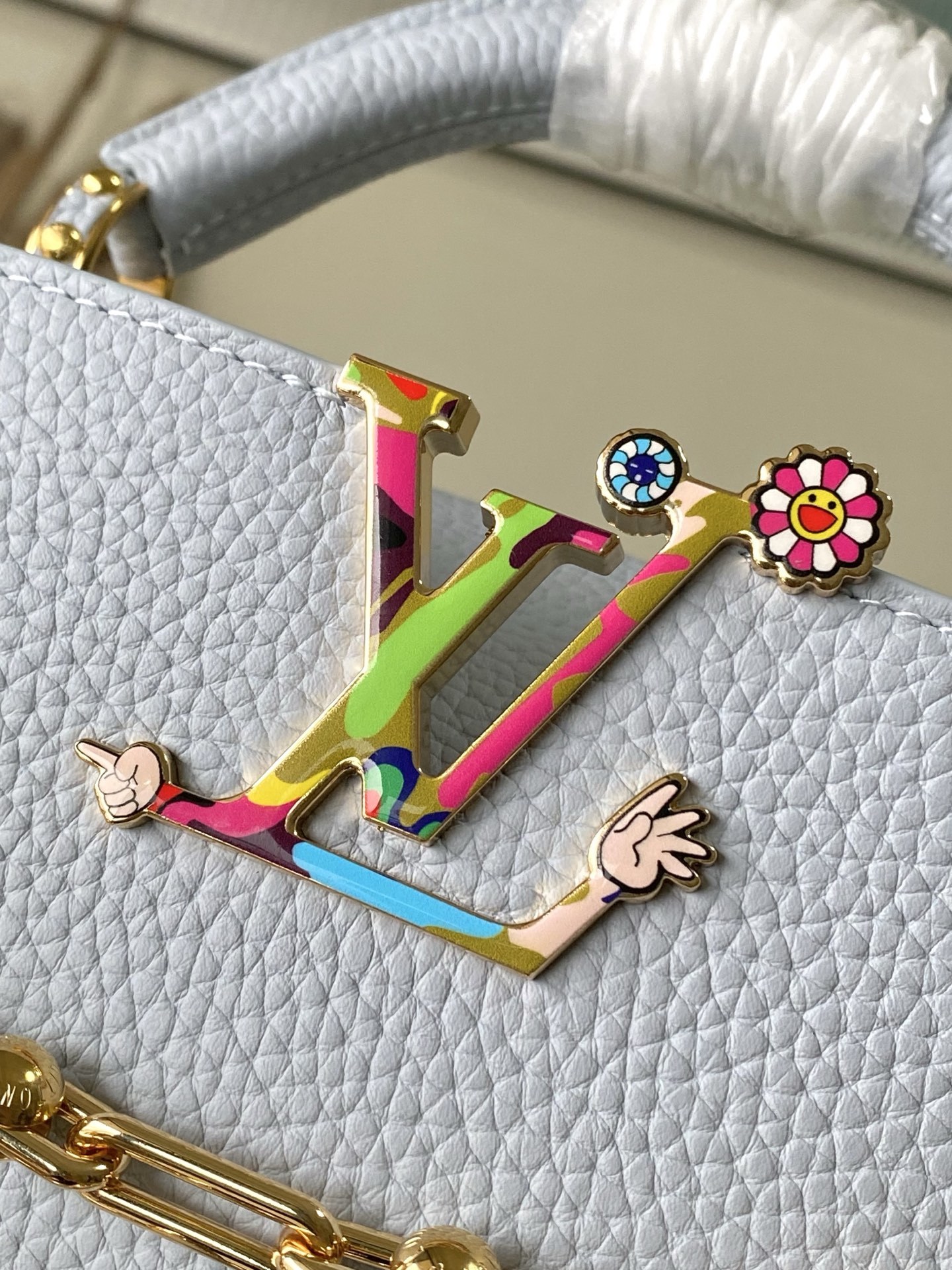 特级原厂皮 M13707 迷你 浅灰蓝彩虹二合一链条款 本款Capucines East West手袋奏