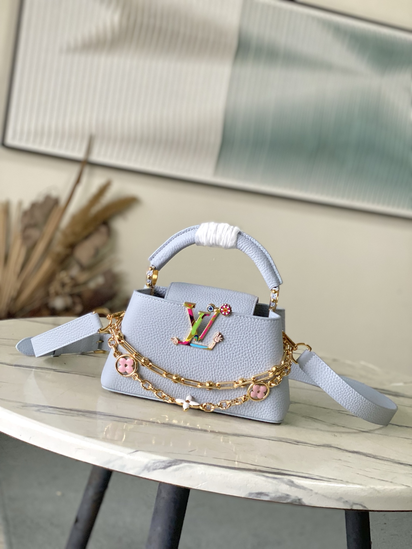 特级原厂皮 M13707 迷你 浅灰蓝彩虹二合一链条款 本款Capucines East West手袋奏