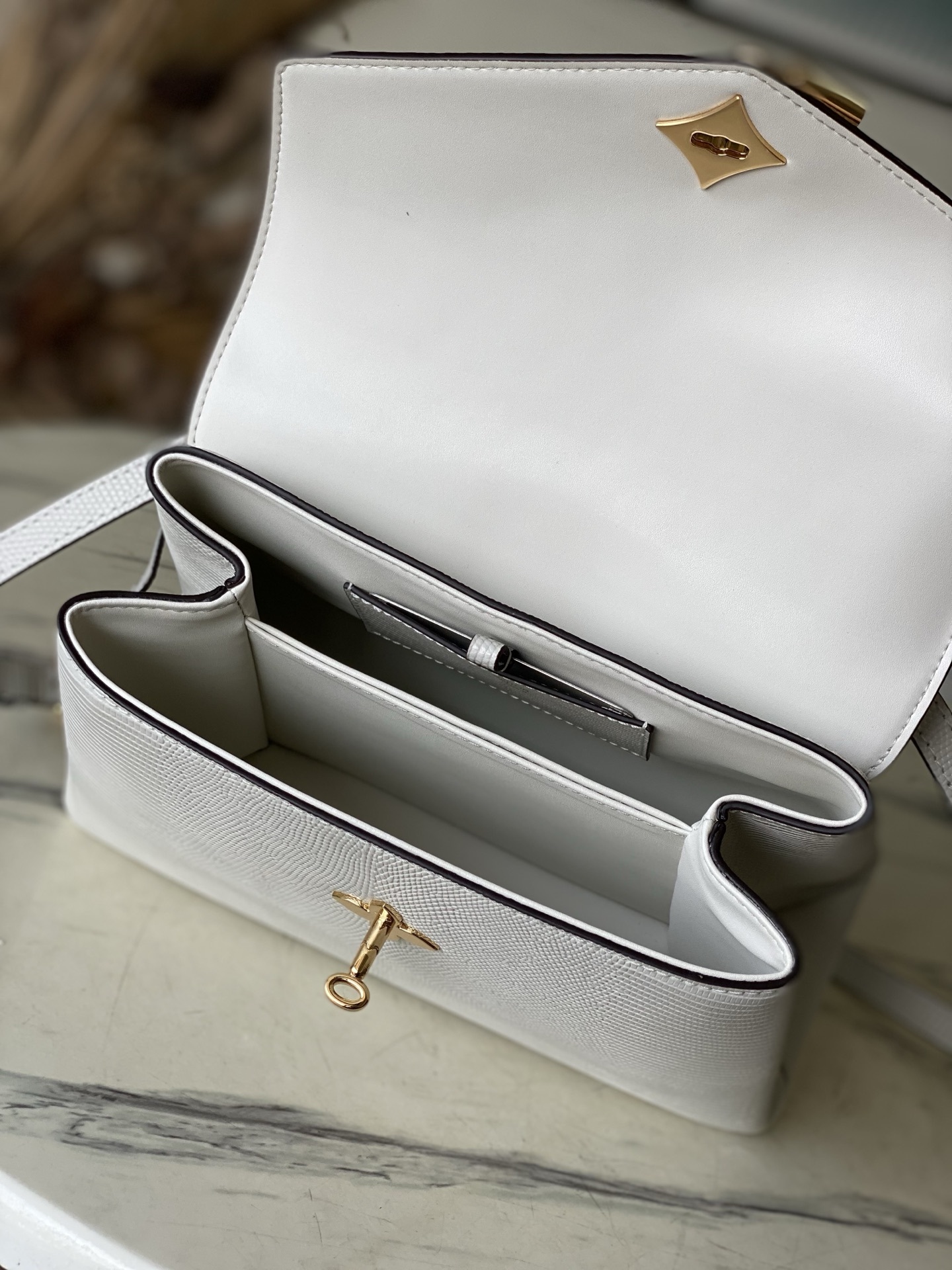 特级原厂皮 N80233 蜥蜴纹白中号 Rose des Vents 中号手袋取材光滑与粒面小牛皮勾勒雅