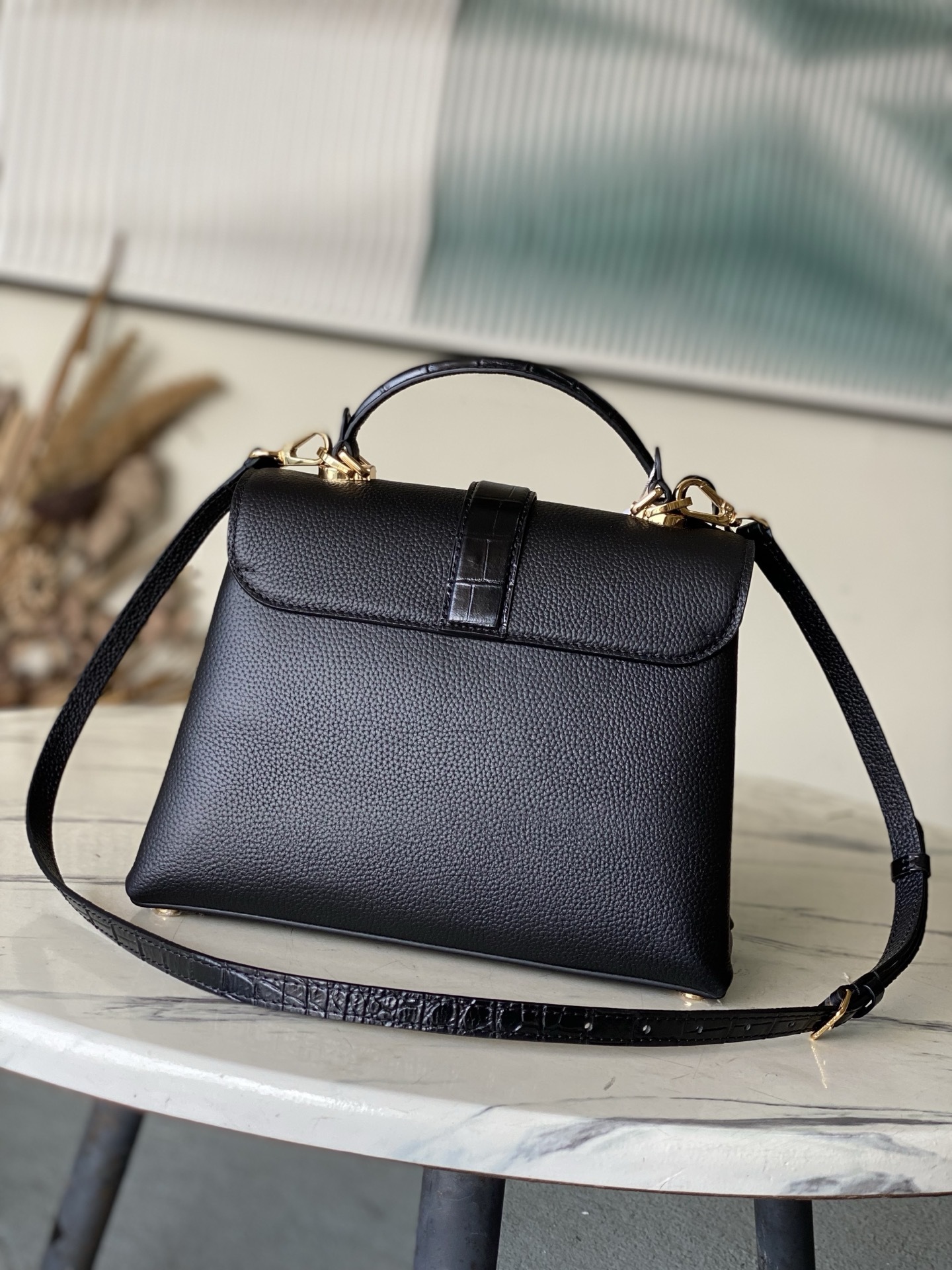 特级原厂皮 N80233 黑荔枝纹配鳄鱼中号 Rose des Vents 中号手袋取材光滑与粒面小牛皮