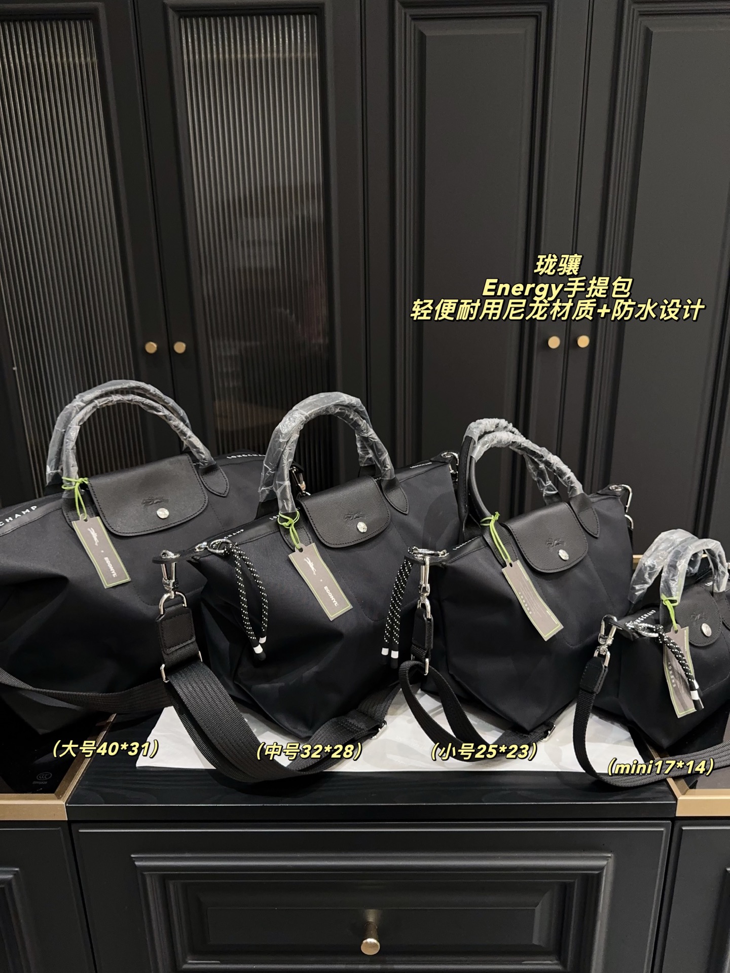 大号💰395⚠️尺寸40*31 中号💰385⚠️尺寸32*28 小号💰385⚠️尺寸25*23 mini💰375⚠️ 尺寸17*14 珑骧Longchamp Energy手提包 轻便耐用尼龙材质+防水设计,通勤、短途旅行都超适合!黑色包身简约低调,绿色拉链点缀超有活力💚。容量大,能装下10.2寸ipad、书本、化妆品等,底部支撑性强,搭配内胆包收纳更整齐✨。三种背法(手提、单肩、斜挎),灵活百搭,尼龙材质耐磨易清洁,实用又时髦,是功能与设计兼具的通勤神器!