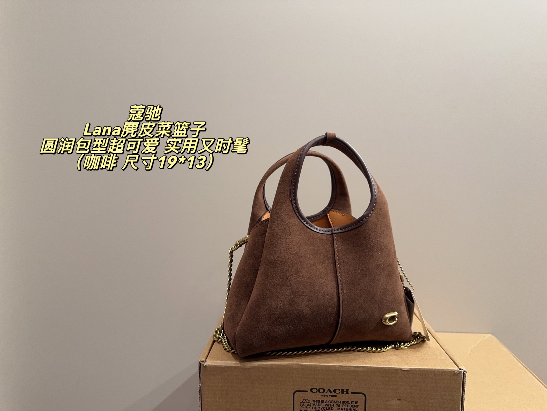 配飞机盒⚠️尺寸19*13 COACH 蔻驰 Lana 19麂皮菜篮子手提包 灵感源自便利店购物袋，圆润包型超可爱，被称为“菜篮子包”。 小巧但能装下手机、口红等日常小物。配有顶部提手和可拆卸链条肩带，手提、单肩、斜挎都OK，通勤休闲都能…