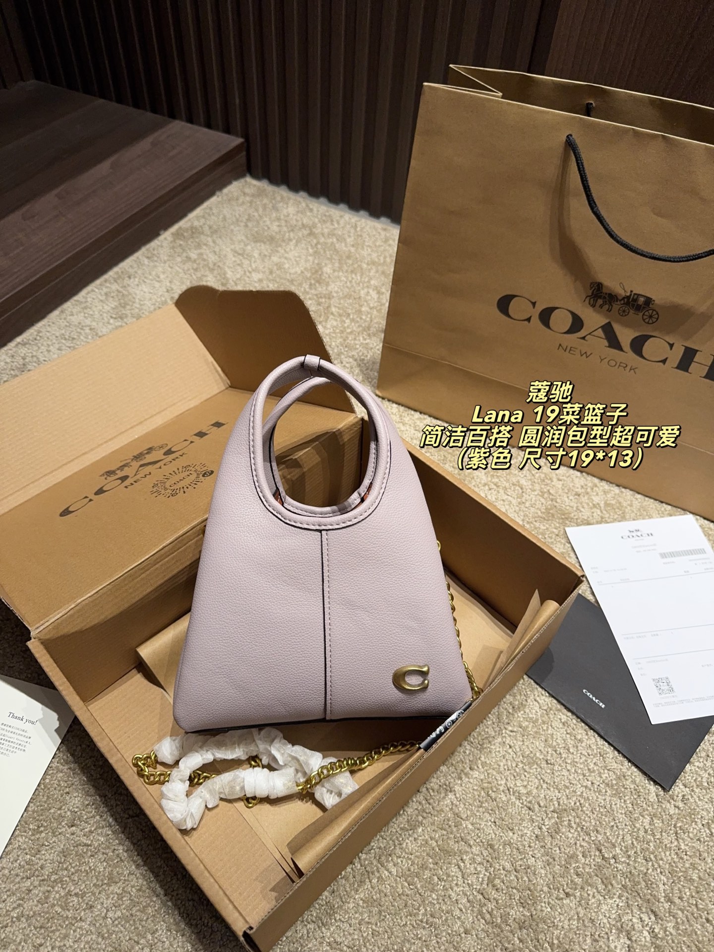 配飞机盒⚠️尺寸19*14 COACH 蔻驰 Lana 19菜篮子手提包 灵感源自便利店购物袋，圆润包型超可爱，被称为“菜篮子包”。 小巧但能装下手机、口红等日常小物。配有顶部提手和可拆卸链条肩带，手提、单肩、斜挎都OK，通勤休闲都能轻松…