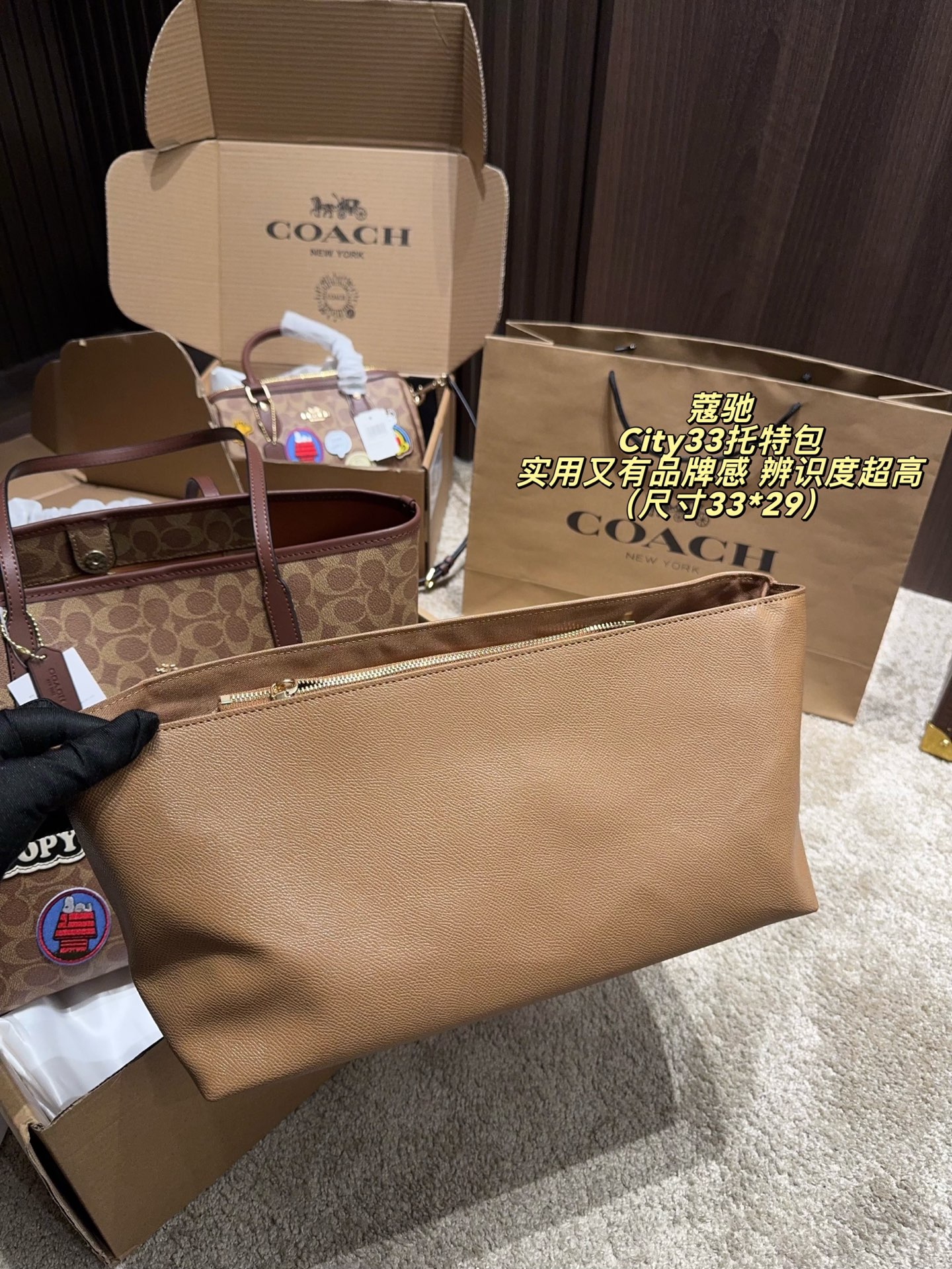 💰205包邮 配飞机盒配内胆️⚠️尺寸33*29
Coach 蔻驰 史努比联名 City33托特包
简约大气，辦识度超高。容量大，通勤日常都很适合！内部无隔层，建议搭配内胆包收纳更整齐。手提肩背都OK，五金配件精致耐用，是Coach家的经典热门款，实用又有品牌感