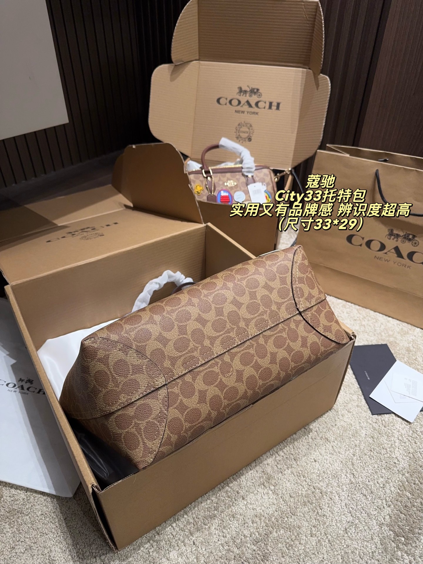 💰205包邮 配飞机盒配内胆️⚠️尺寸33*29
Coach 蔻驰 史努比联名 City33托特包
简约大气，辦识度超高。容量大，通勤日常都很适合！内部无隔层，建议搭配内胆包收纳更整齐。手提肩背都OK，五金配件精致耐用，是Coach家的经典热门款，实用又有品牌感