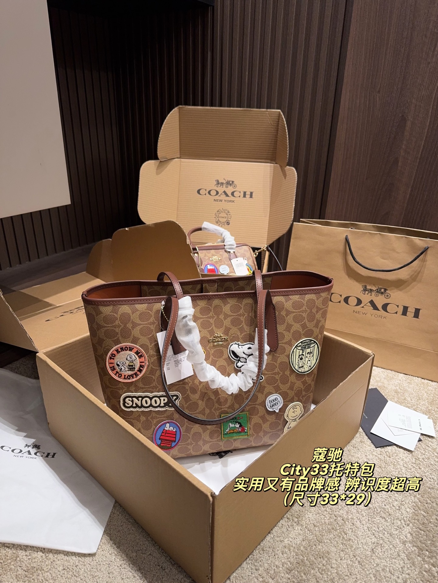 💰205包邮 配飞机盒配内胆️⚠️尺寸33*29
Coach 蔻驰 史努比联名 City33托特包
简约大气，辦识度超高。容量大，通勤日常都很适合！内部无隔层，建议搭配内胆包收纳更整齐。手提肩背都OK，五金配件精致耐用，是Coach家的经典热门款，实用又有品牌感
