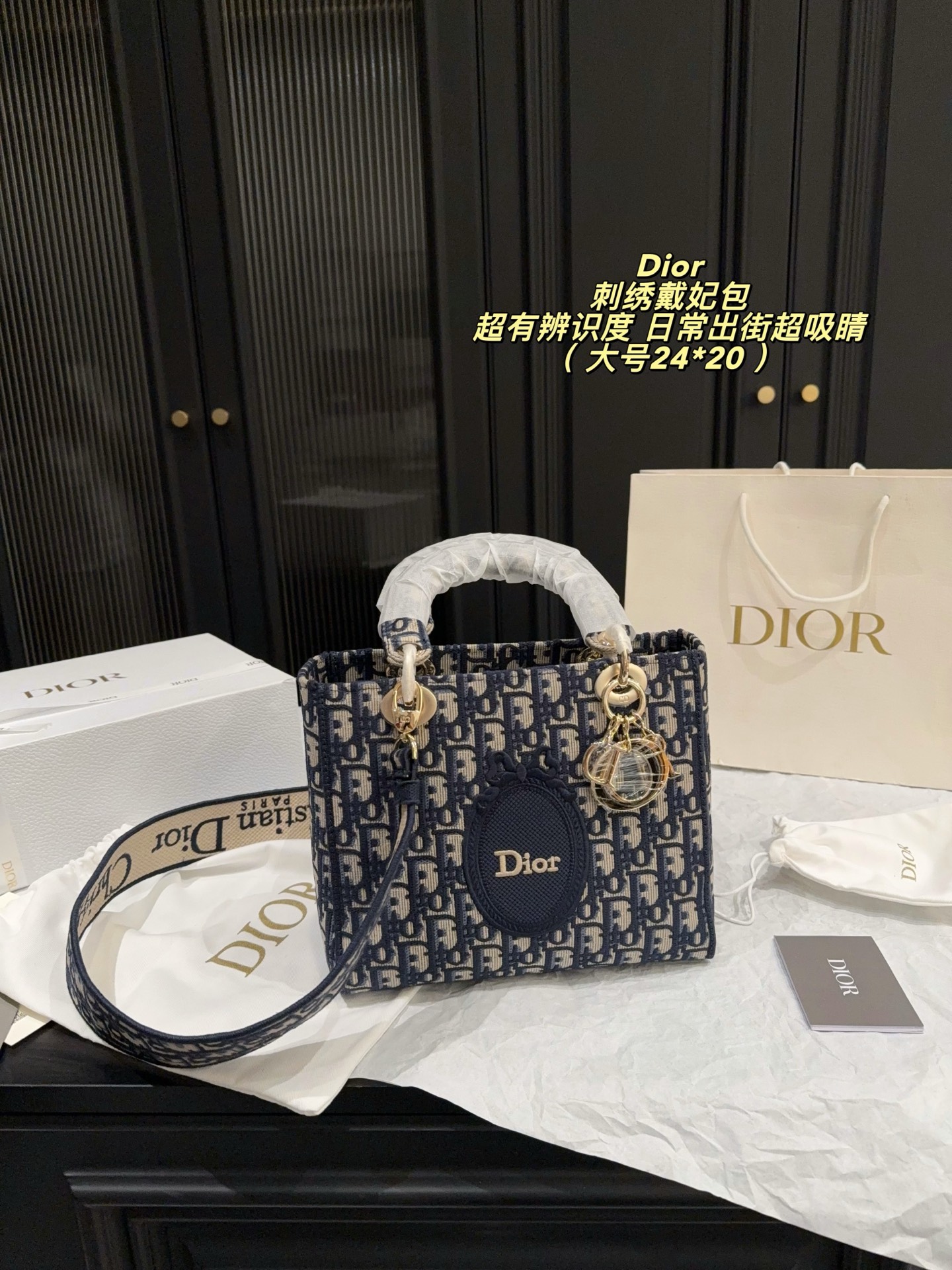 Dior Lady Blue Oblique embroidery 20x18cm shoulder everyday