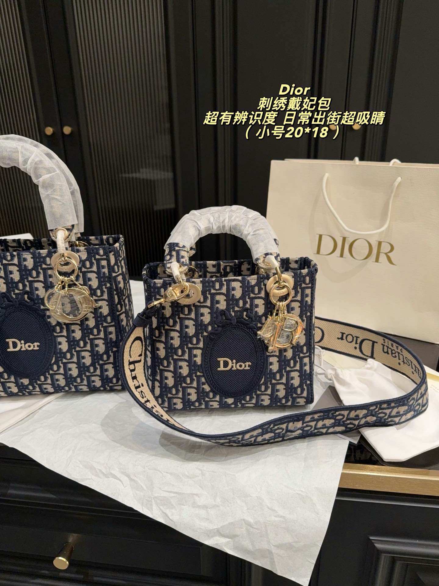 Dior Lady Blue Oblique embroidery 20x18cm shoulder everyday