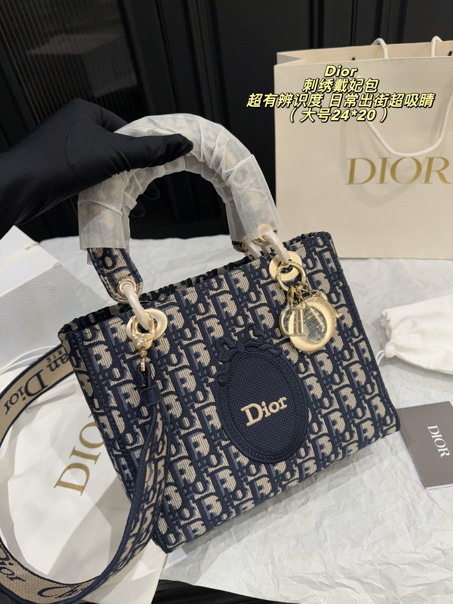 Dior Lady Blue Oblique embroidery 20x18cm shoulder everyday