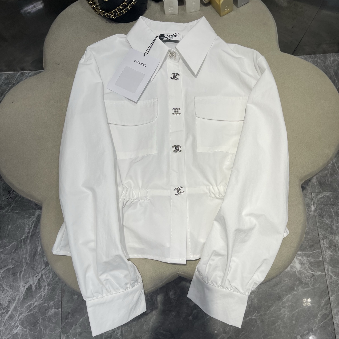 CHANEL White Four Pocket Drawstring Jacket