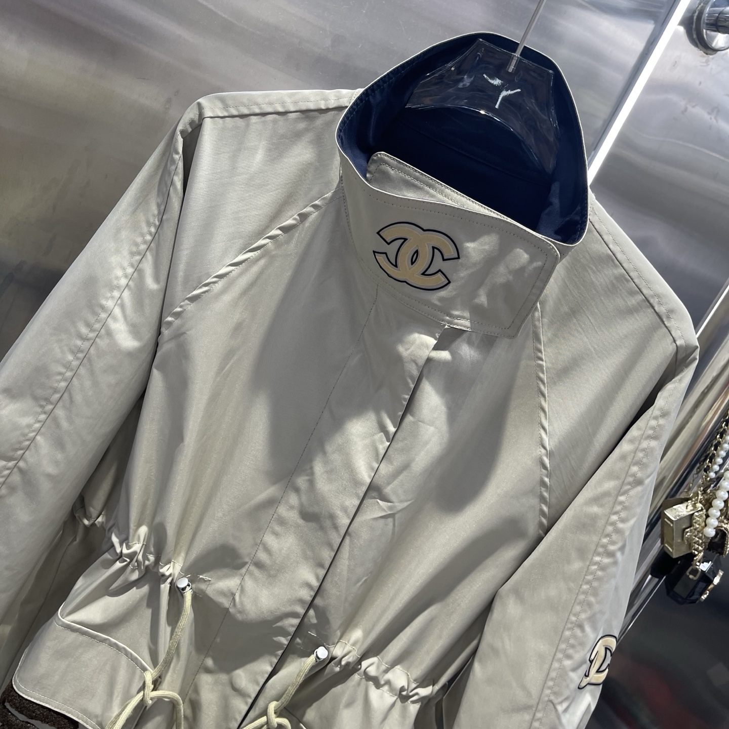 CHANEL Beige and Navy Reversible Drawstring Coat