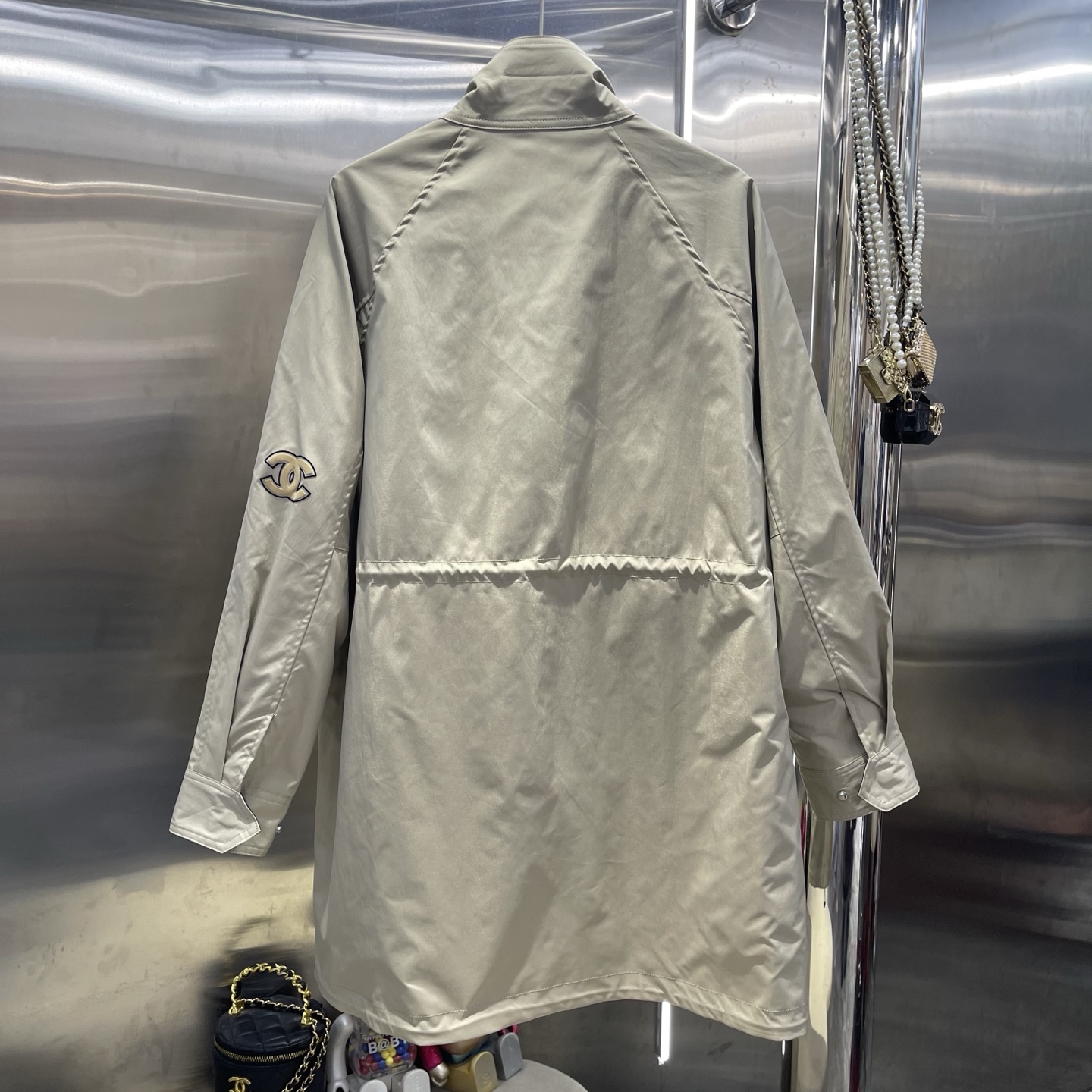 CHANEL Beige and Navy Reversible Drawstring Coat