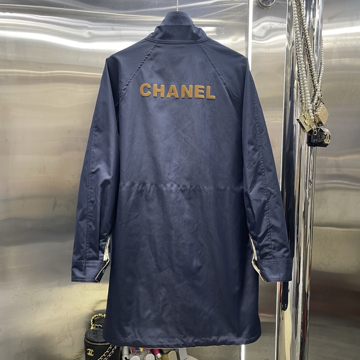 CHANEL Beige and Navy Reversible Drawstring Coat