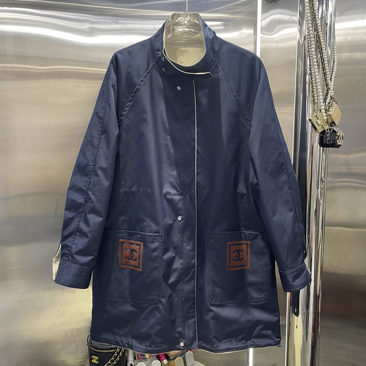CHANEL Beige and Navy Reversible Drawstring Coat