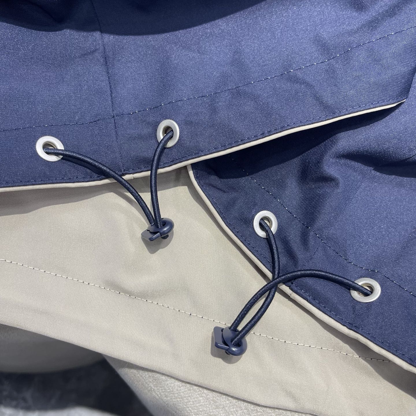 CHANEL Beige and Navy Reversible Drawstring Coat