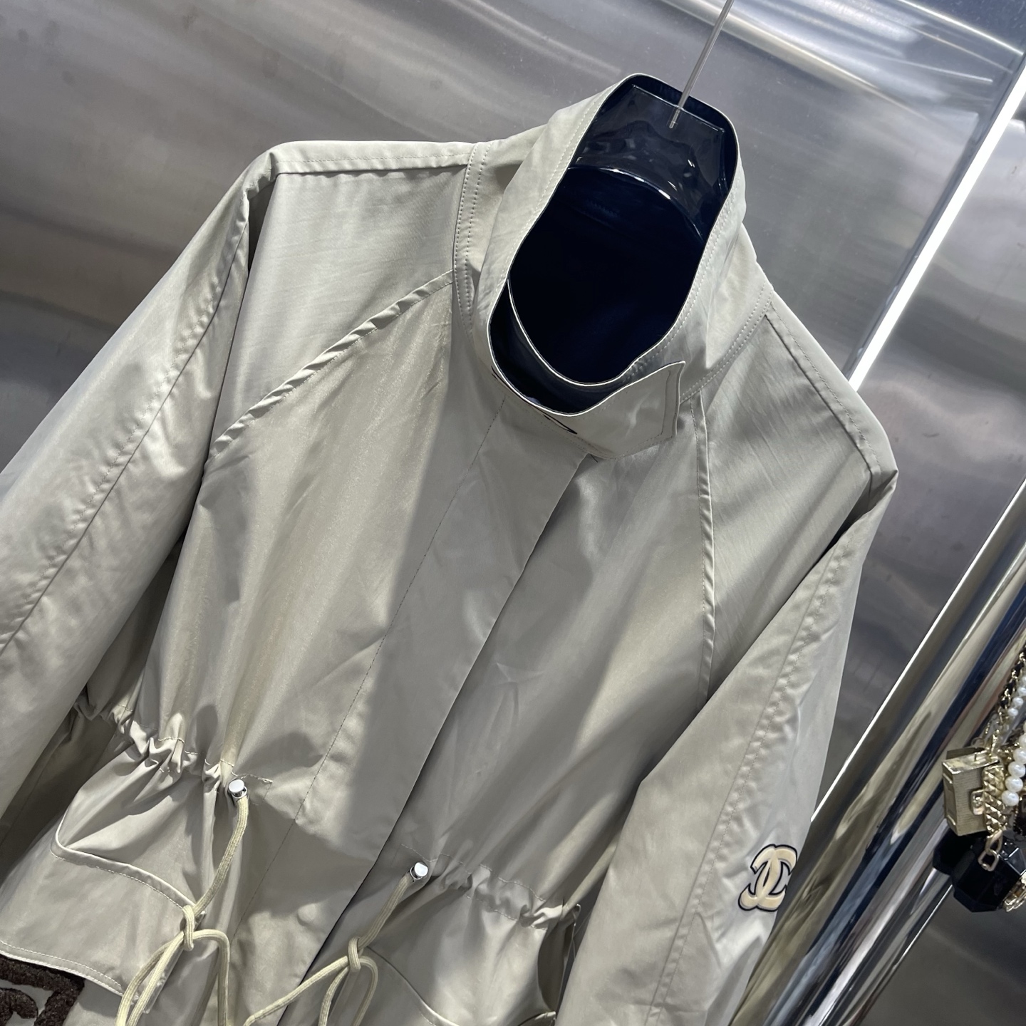 CHANEL Beige and Navy Reversible Drawstring Coat