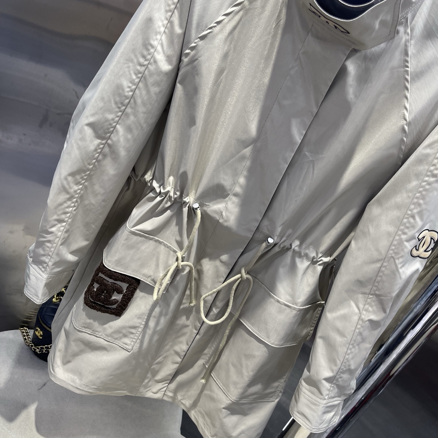 CHANEL Beige and Navy Reversible Drawstring Coat