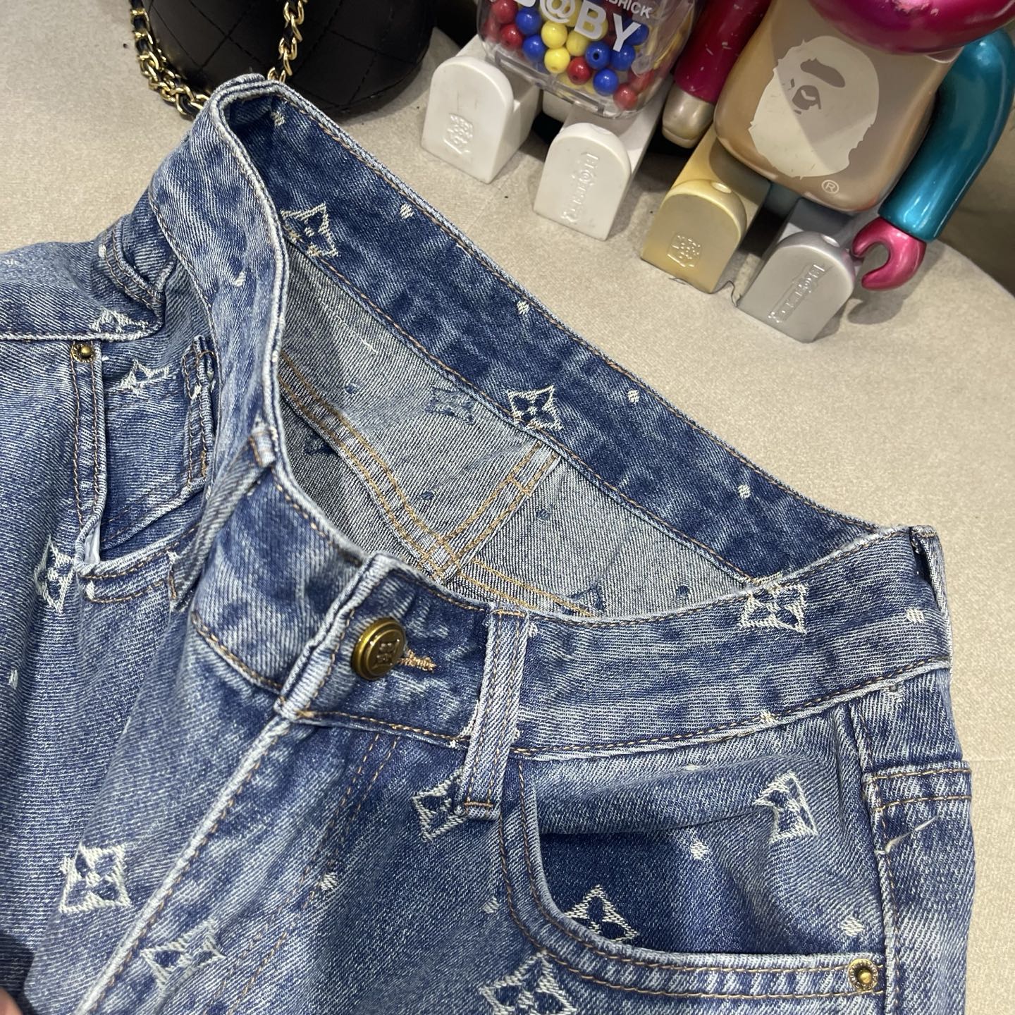 Blue Embroidered Wide Leg Jeans