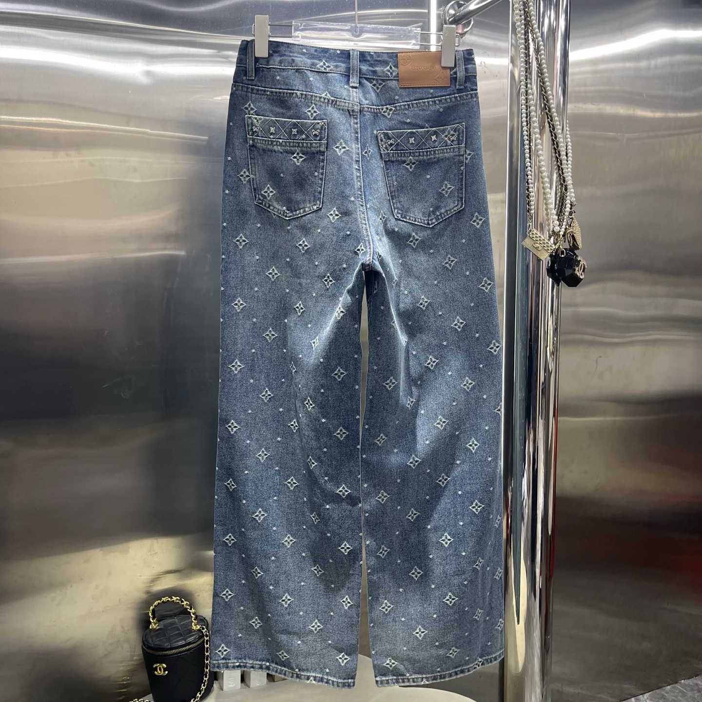 Blue Embroidered Wide Leg Jeans