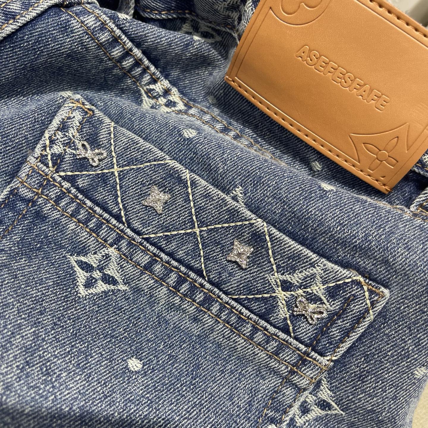 Blue Embroidered Wide Leg Jeans