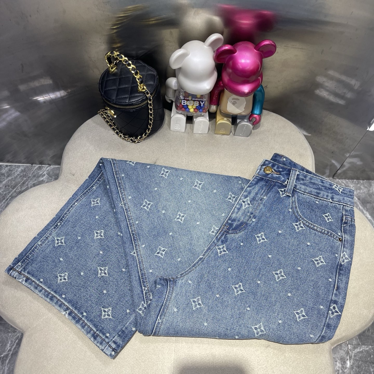 Blue Embroidered Wide Leg Jeans