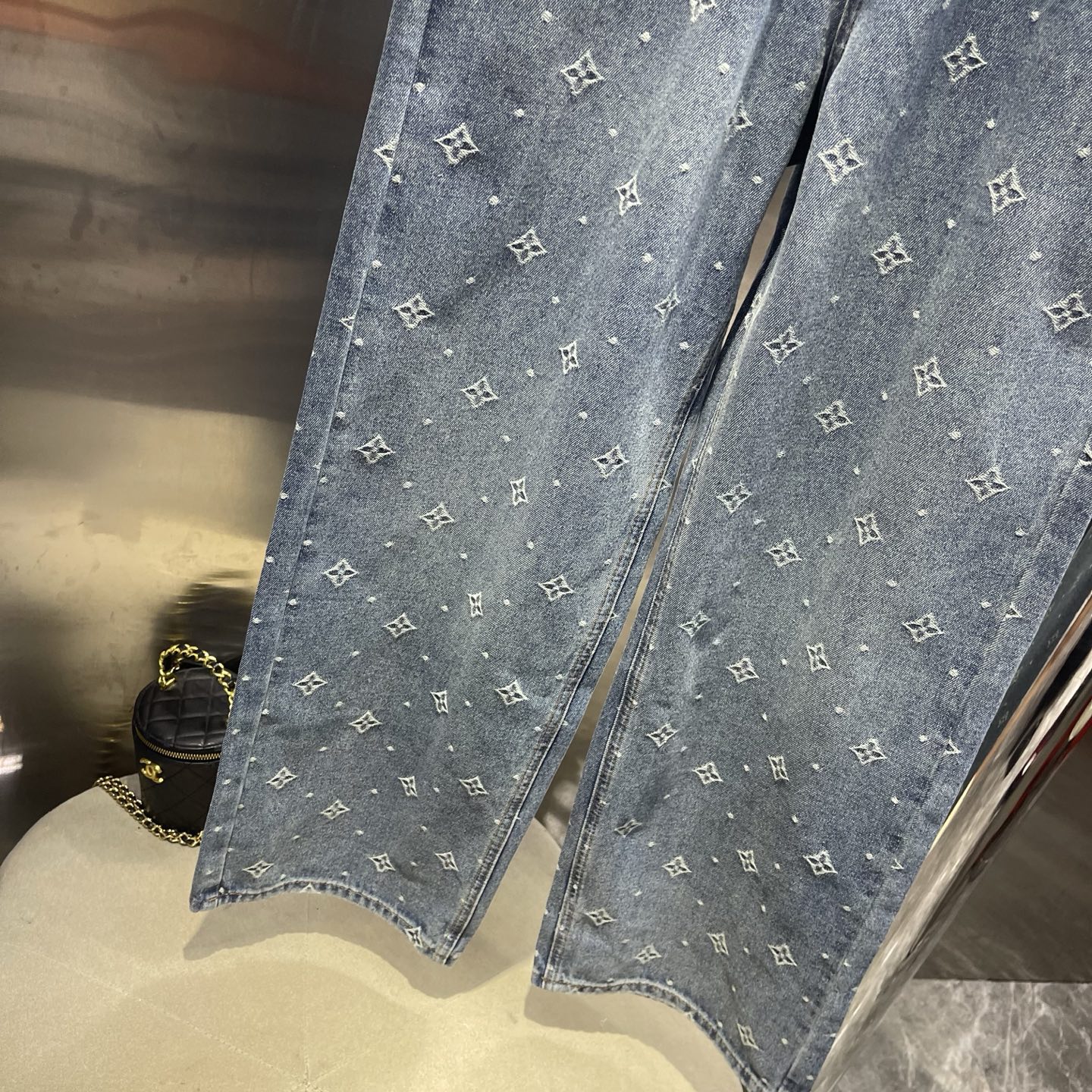 Blue Embroidered Wide Leg Jeans