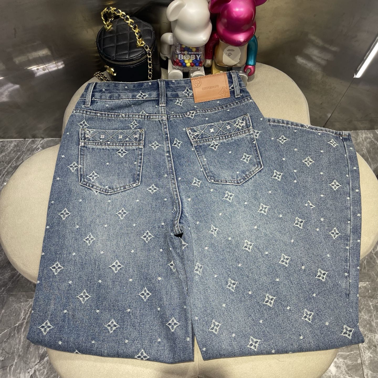 Blue Embroidered Wide Leg Jeans