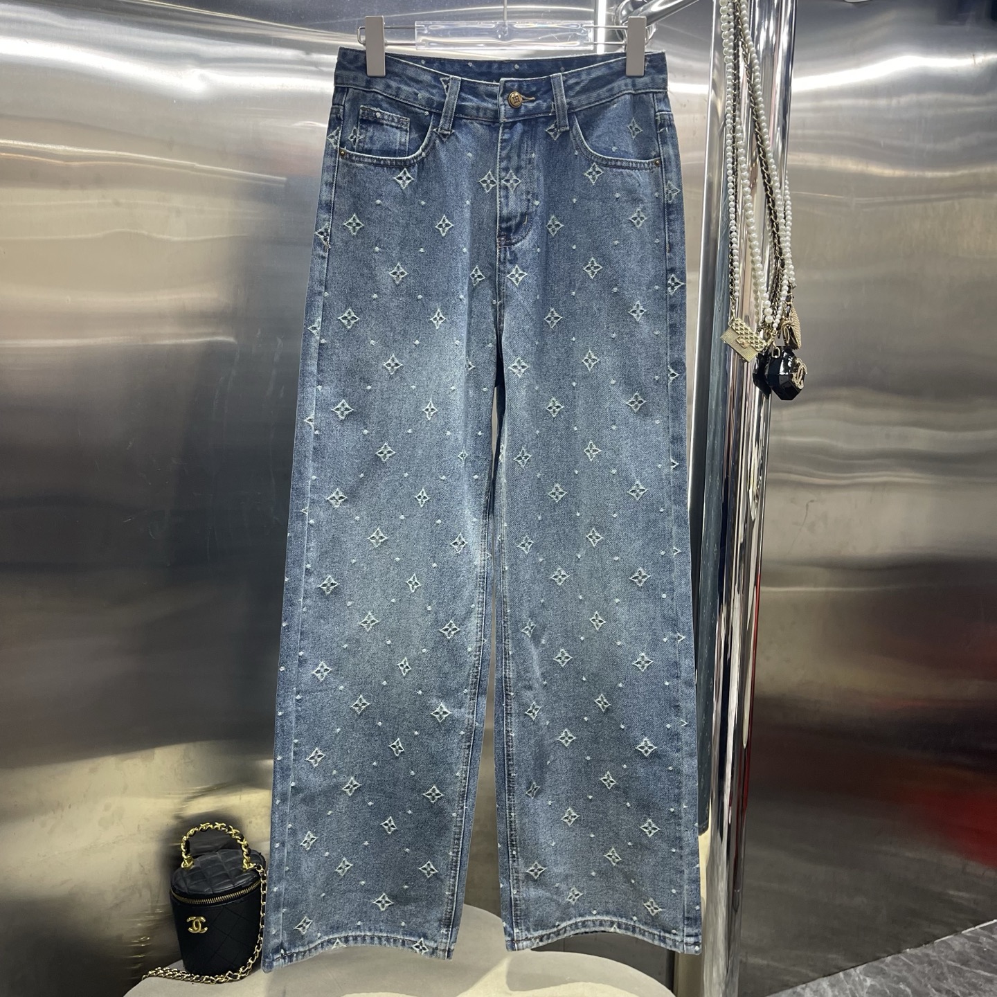 Blue Embroidered Wide Leg Jeans