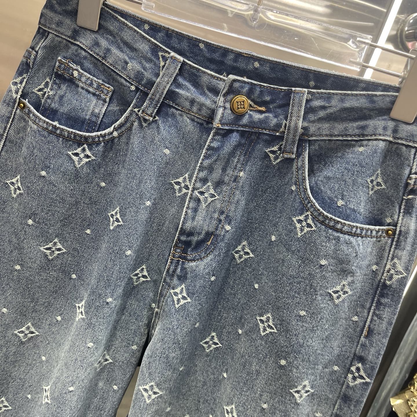 Blue Embroidered Wide Leg Jeans