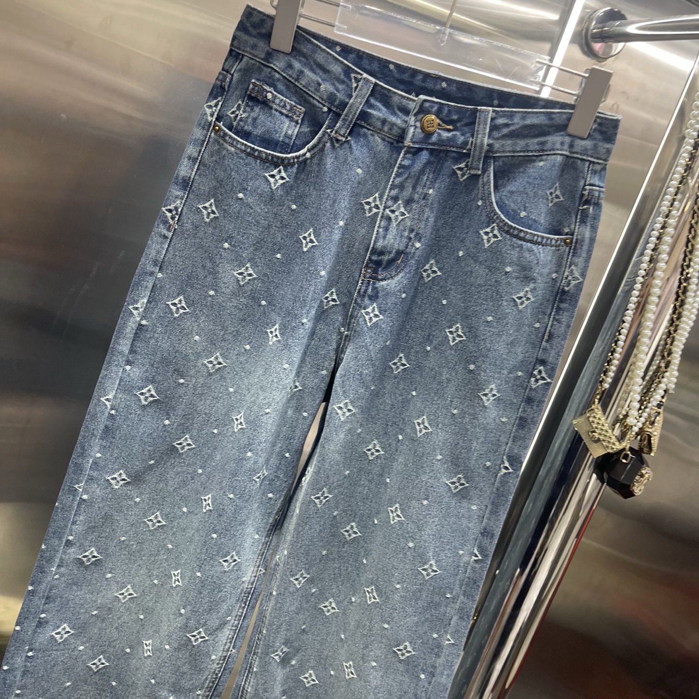 Blue Embroidered Wide Leg Jeans