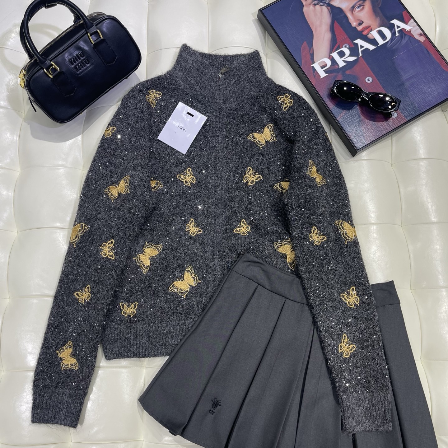 Dior Gray Butterfly Motif High Neck Sweater