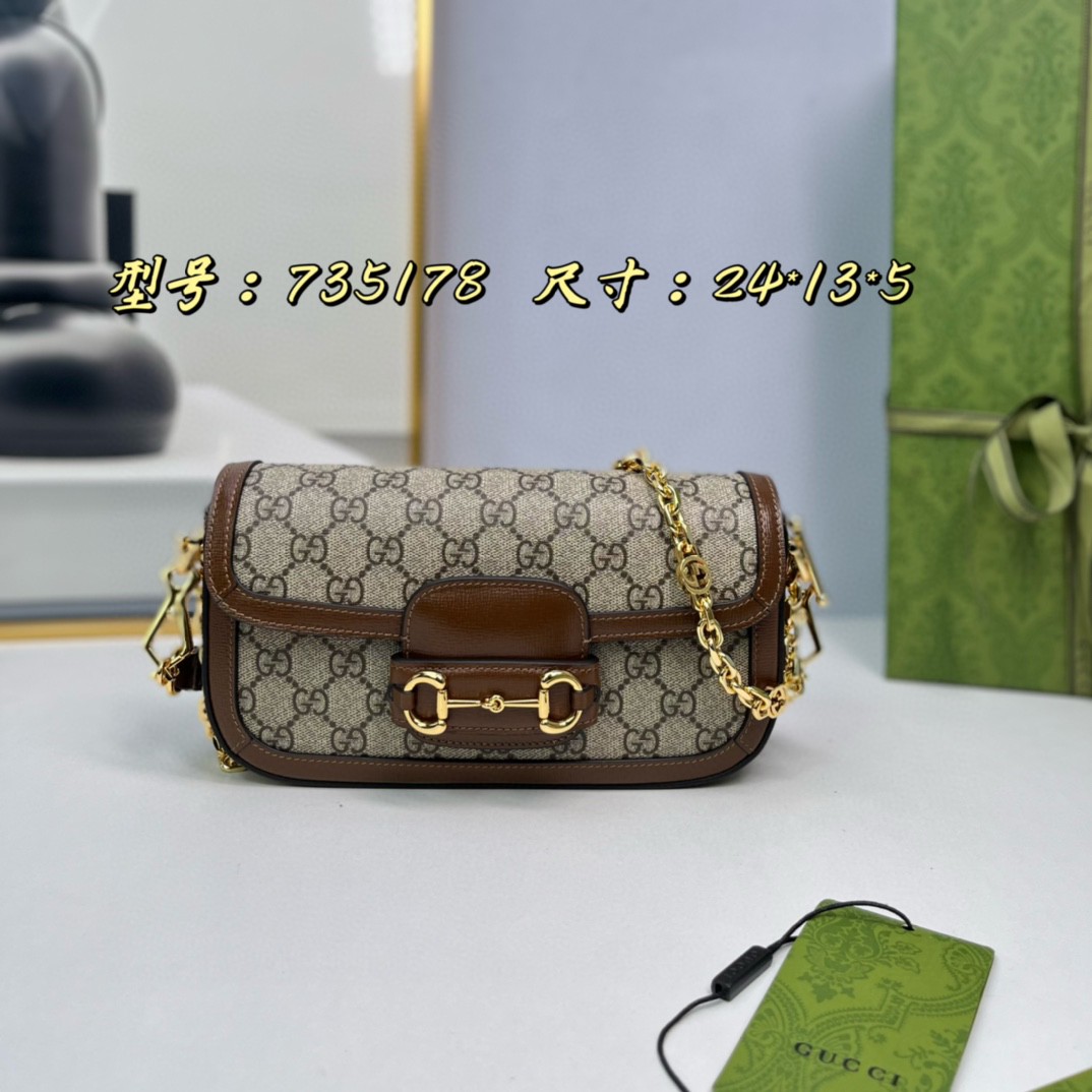 Gucci Horsebit 1955 Shoulder Bag GG Beige Ebony Leather Gold Chain