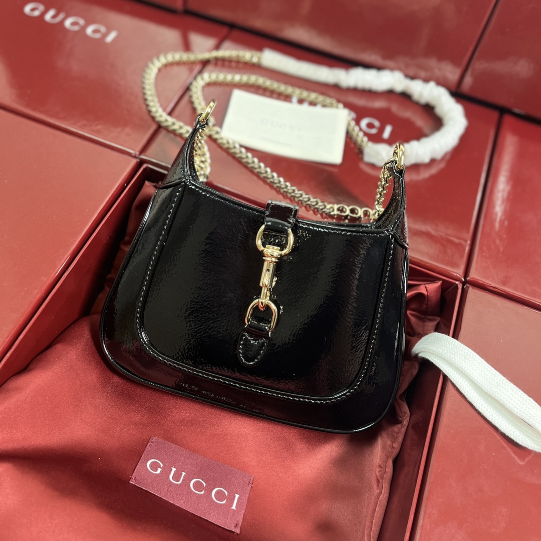 Gucci Jackie 1961 Mini Shoulder Bag Black Patent Leather Gold Chain