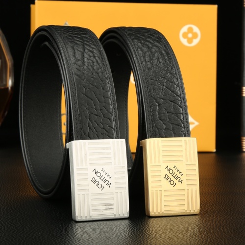 Louis Vuitton Men's Black Leather Belt with Steel Buckle, 3.8cm Width 1 Louis Vuitton Men's Black Leather Belt with Steel Buckle, 3.8cm Width
