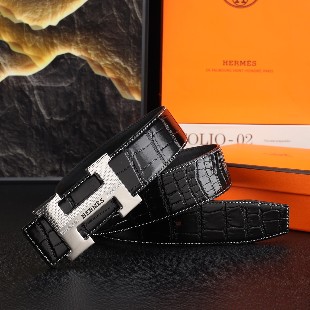 爱玛仕男士冲孔腰带- 宽度38MM 316精品钢扣  永不掉色 精工打造  压花工艺 手感柔软 创