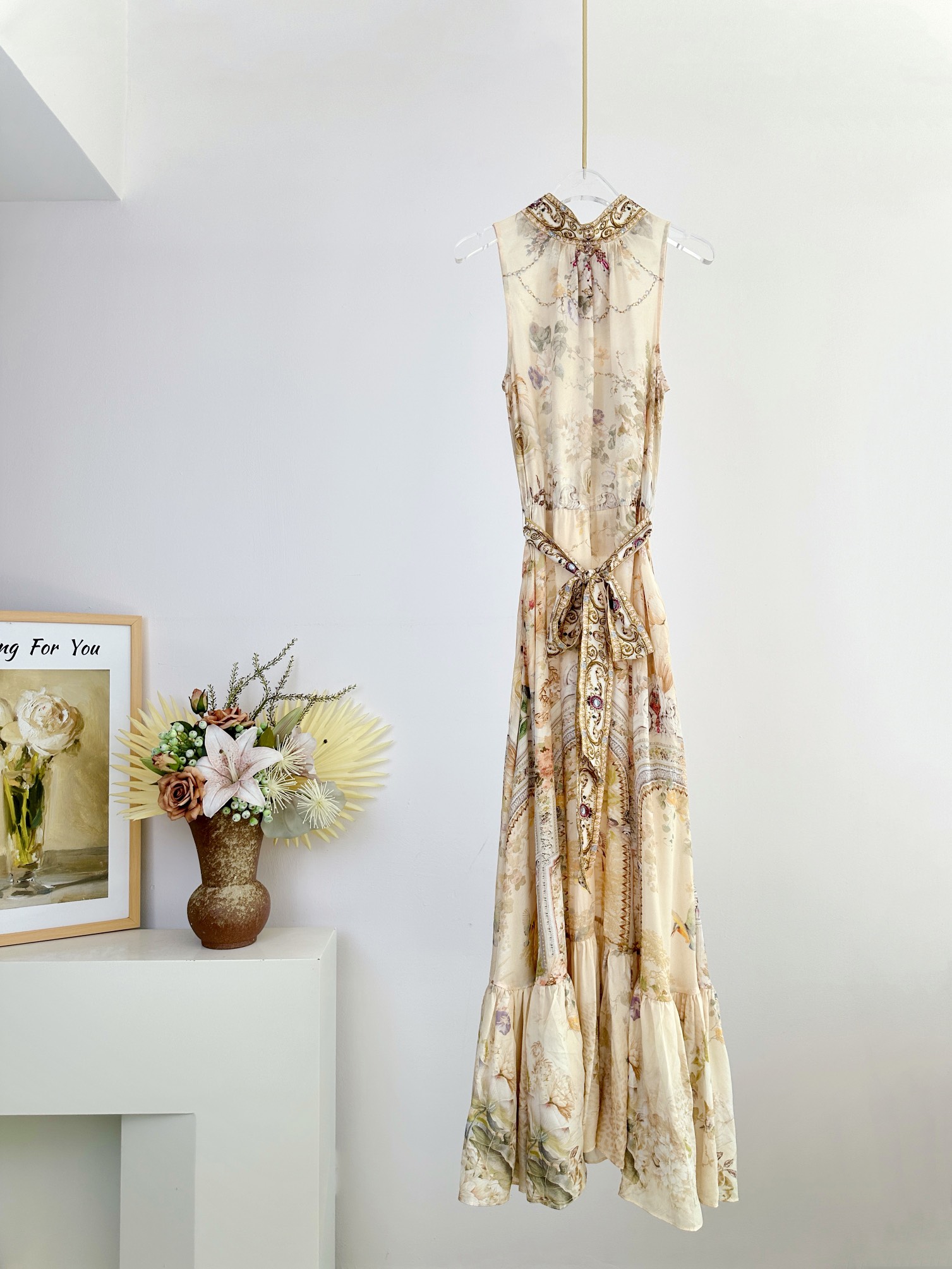 Autumn/Winter 2024 Camilla: Silk Dress with Green Pattern, High Collar, Crystal Details
