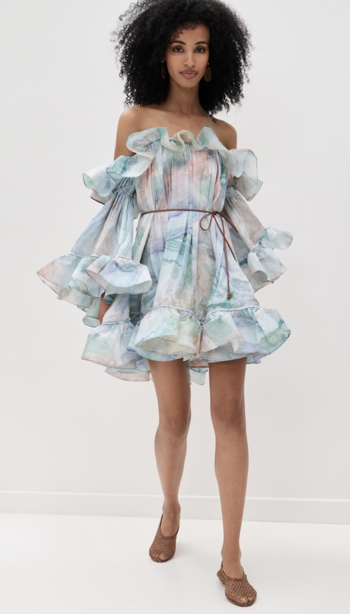 Zimmermann Illuminate Blue Agate Print Mini Dress Off Shoulder Size 0-3 1 Zimmermann Illuminate Blue Agate Print Mini Dress Off Shoulder Size 0-3